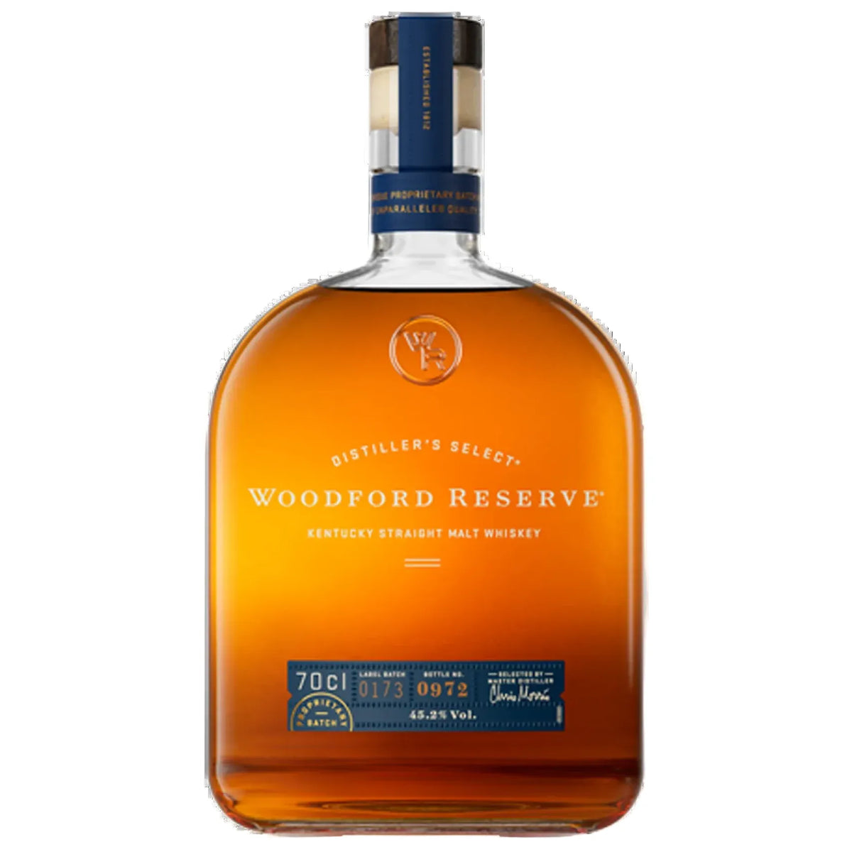 Woodford Reserve whiskey bottle on a white background