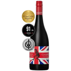 Red wine bottle with British flag design and Wine Orbit and Suckling Point ratings.