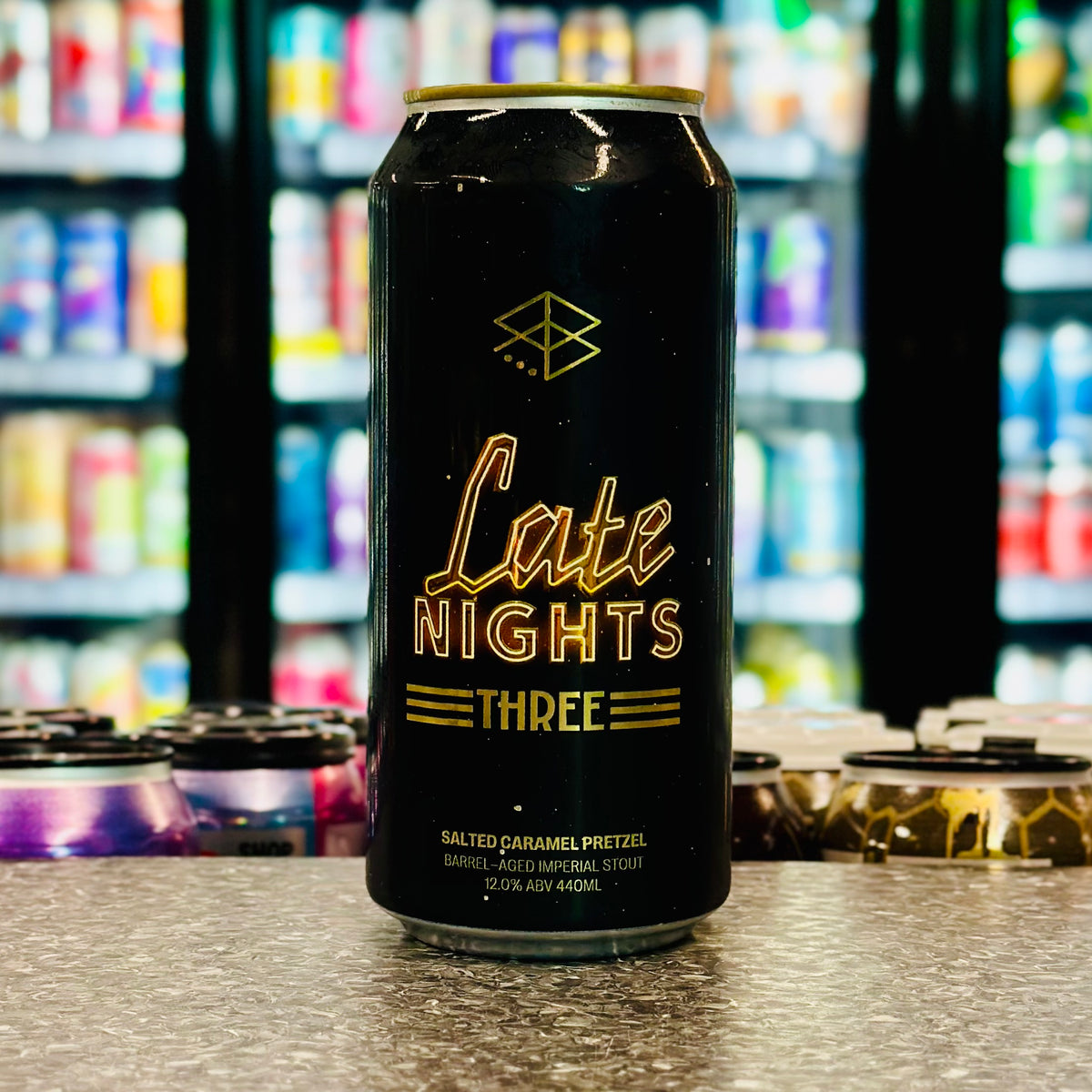 MIX 6 OR MORE GET 20% OFF' RANGE BREWING LATE NIGHTS THREE: SALTED CARAMEL PRETZEL BARREL-AGED IMPERIAL STOUT 12% ABV