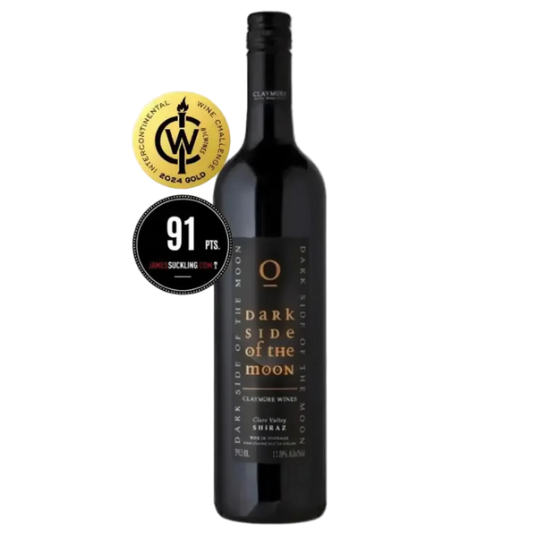 Wine bottle labeled 'Dark Side of the Moon' with a gold label and 91 points rating on a white background